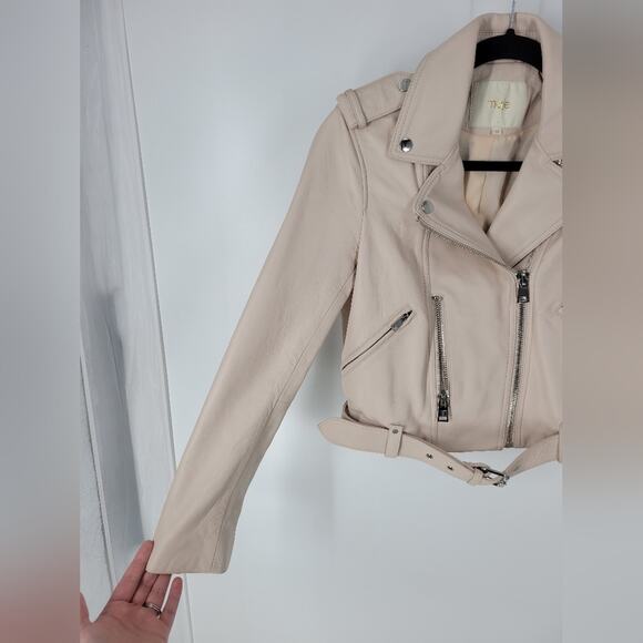 Maje Nude Betsy Cropped Leather Moto Jacket 38 - Picture 7 of 15